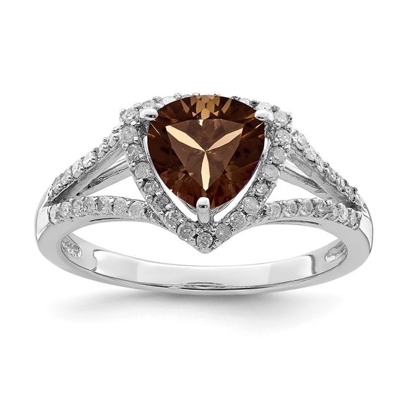 925 Sterling Silver Rhodium Diam. & Smoky Quartz Ring - Picture 1 of 5